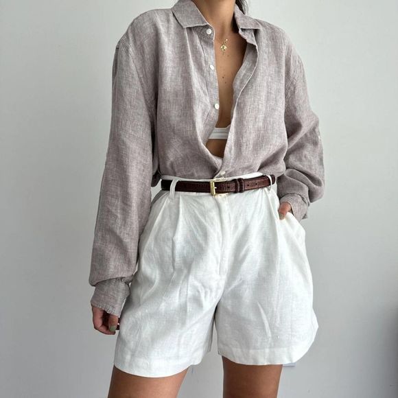 Linen Coastal Oversized Neutral Linen Button Down Shirt L - Picture 2 of 7